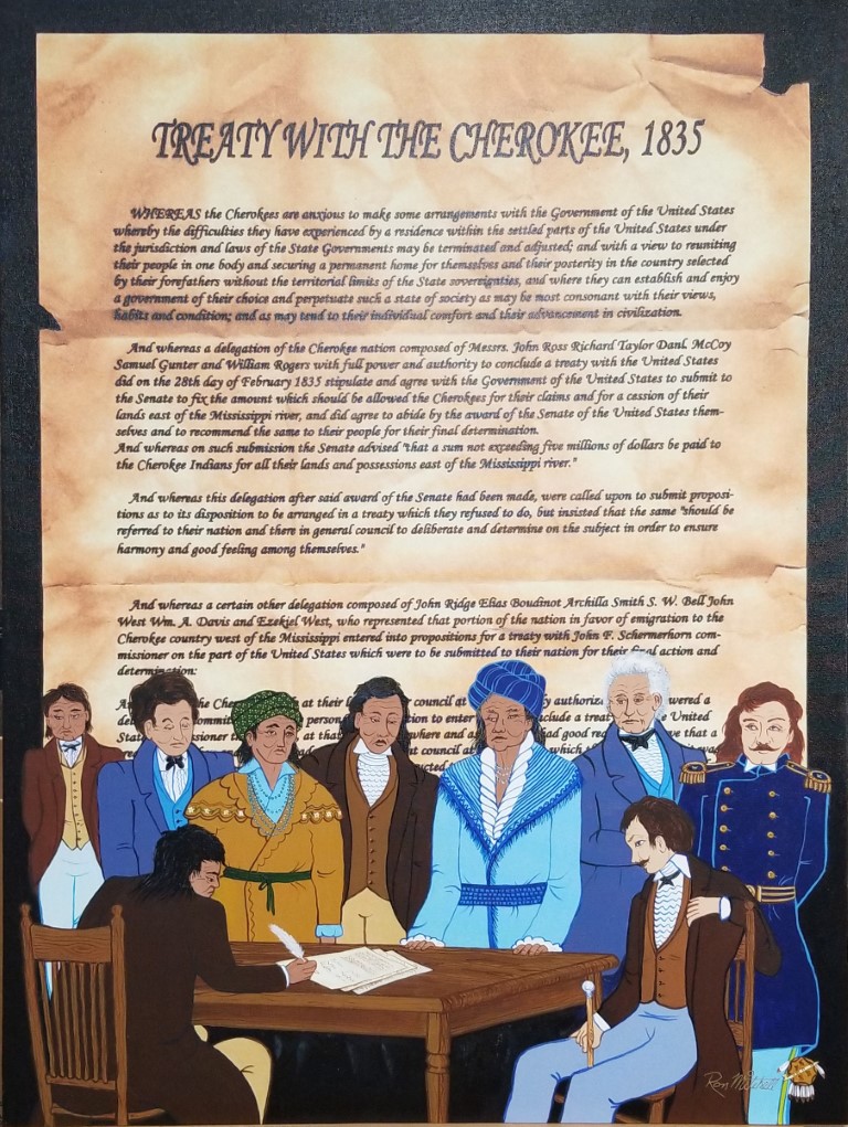 The Treaty of New Echota was a treaty signed on December 29, 1835, in New Echota, Georgia by officials of the United States government and representatives of a minority Cherokee political faction, the Treaty Party. The treaty established terms under which the entire Cherokee Nation ceded its territory in the southeast and agreed to move west to the Indian Territory. Although the treaty was not approved by the Cherokee National Council nor signed by Principal Chief John Ross, it was amended and ratified by the U.S. Senate in March 1836, and became the legal basis for the forcible removal known as the Trail of Tears.